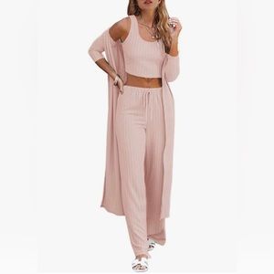 Pink Lounge Set Pajamas (Crop Top/Robe/Pants)
